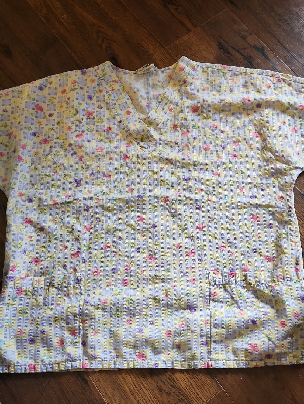 Cherokee Yellow Floral V-Neck Scrub Top with Blue Accents
